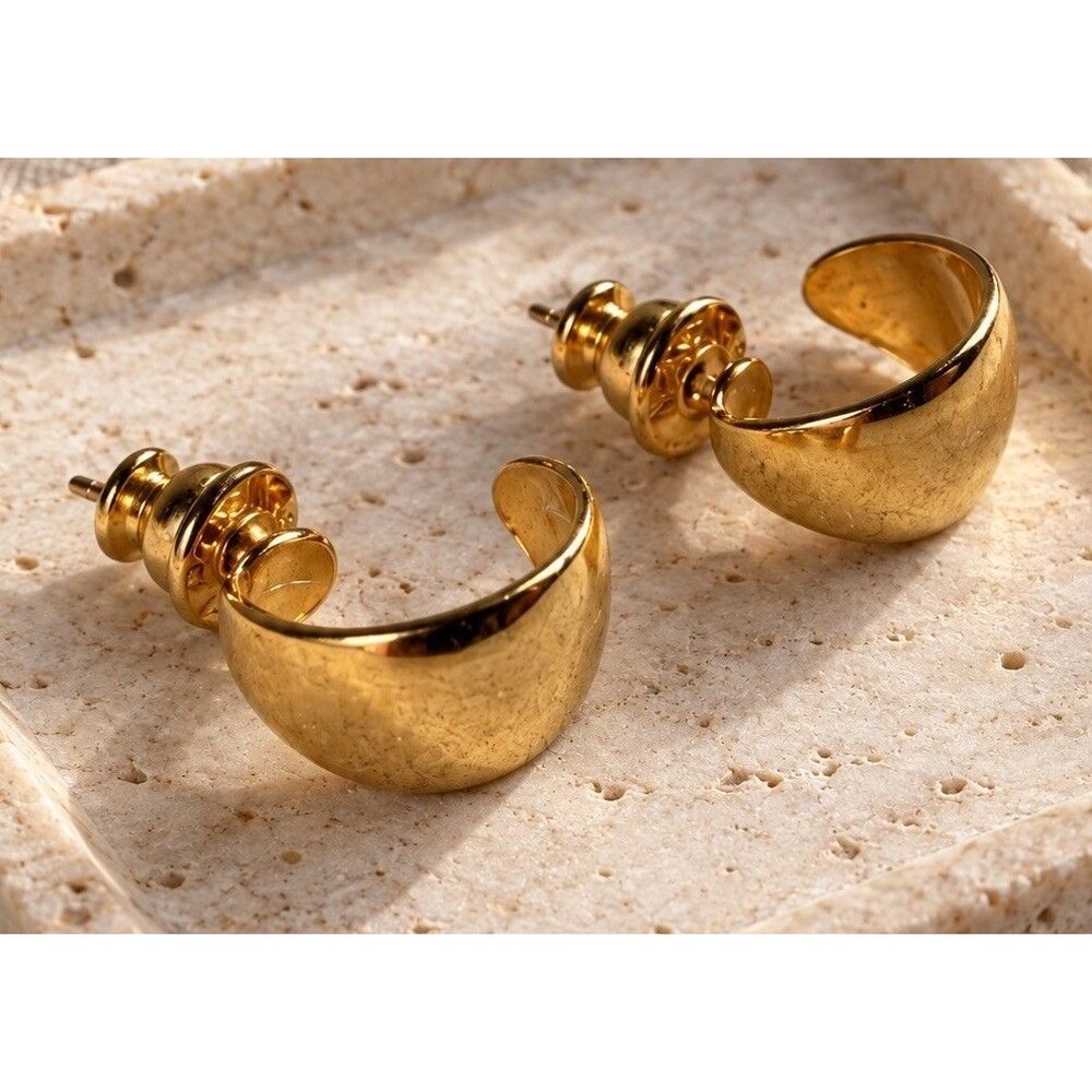 Vintage Napier Gold Tone Wide Half Hoop Earrings Polished Minimalist Pierced